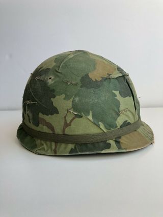 Scarce Vtg Vietnam War M1 Helmet With Mitchell Camo Cover 60s Rare Camouflage