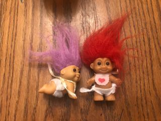 Vintage Russ 2 " Baby Troll With Diaper,  Crawling & Baby With Red Hair,  Heart Bib