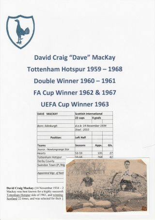 Dave Mackay Tottenham Hotspur 1959 - 1968 Rare Signed Newspaper Picture