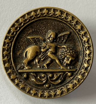 Extra Large Antique Vintage Metal Picture Button With Cherub Angel & Lion