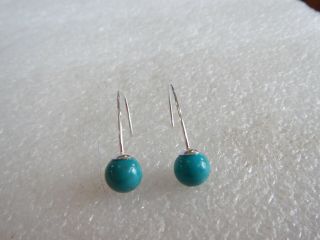 Vintage Sterling Silver Round Cut Blue Turquoise Stone Bead Drop Earrings