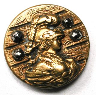 Antique Stamped Brass Button Warrior W Plumed Helmut On Wood Slat W Steels 9/16 "