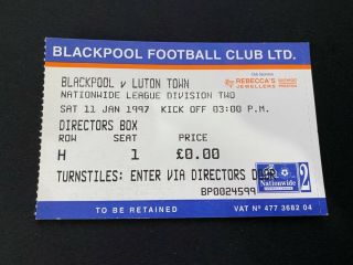 Blackpool Football Club V Luton Town Fc Ticket 1996 - 1997 Rare Directors Box