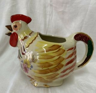 Rare Shawnee Pottery Chanticleer Rooster Pitcher Floral Decals & Gold Trim 1940s