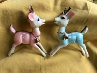 (2) Rare Vtg Christmas Reindeer Deer Soft Plastic Rubber Japan Pair Pink Blue