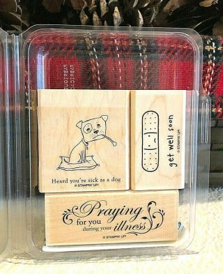 Stampin Up Wellness Wishes Wood Mount Stamp Set Sick Dog Band Aid Get Well Rare