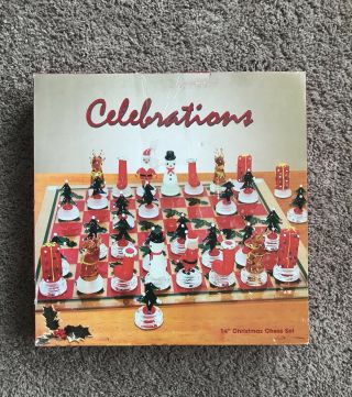 Rare Celebrations 14” Christmas Glass Chess Set - Complete Vintage Santa