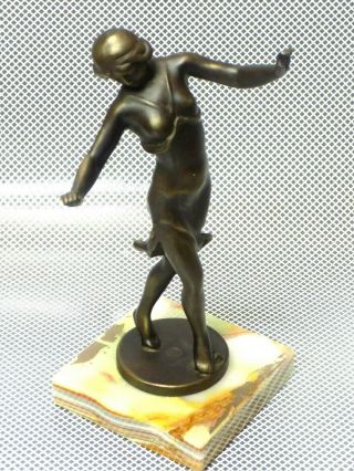 Estate Rare Art Deco Hoop Girl Bronze Sculpture On Onyx Base