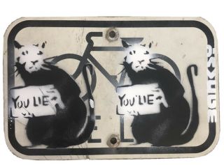 Banksy You Lie Sign Rat Stencil Street Traffic Road Sign Painting Rare