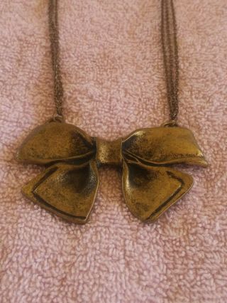 Vintage Antiqued Gold Bow Pendant Necklace