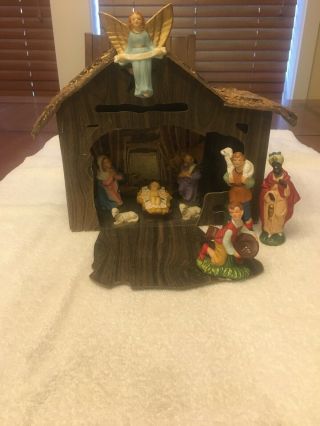 Rare Vintage F W Woolworth Nativity Manger And Figures 9 Pc Set