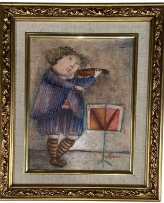 Framed J.  Roybal Signed Oil Painting - Nino Con Violin - Rare