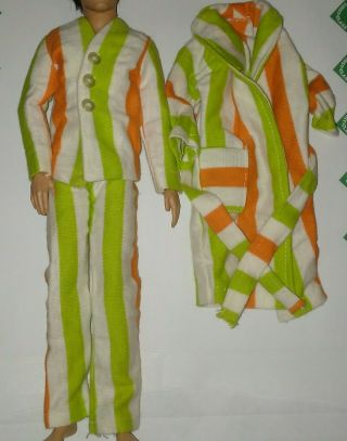 Ken Doll Striped Pajamas & Robe Set - - Orange White Green - - Vintage Knit Fabric