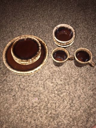 Vintage Rare Hull Brown Drip Pottery Oven Proof Partial Set (bowls,  Plates,  Mugs)