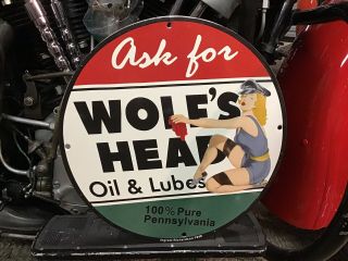 Rare Vintage Porcelain 1948 Ask For Wolf’s Head Oil & Lubes Pin Up Girl Sign
