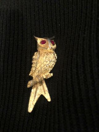 Vintage Antique Gold Owl With Red Stone Eyes Brooch Pin Rsk Brand.