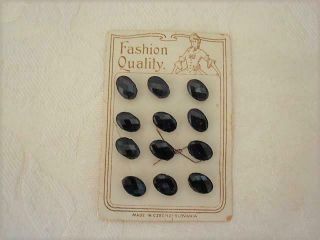 12 Small Vintage Antique Faceted Black Glass Oval Buttons Czechoslovakia Card