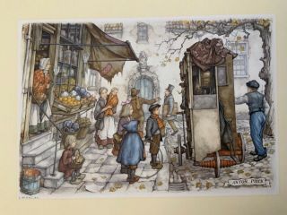 Vintage Anton Pieck 7” X 9 " Setting Up The Puppet Show 1971