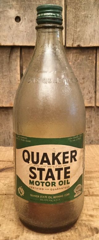 Rare Early Vintage 1 Qt Quaker State Motor Oil Glass Jar Bottle W Paper Label