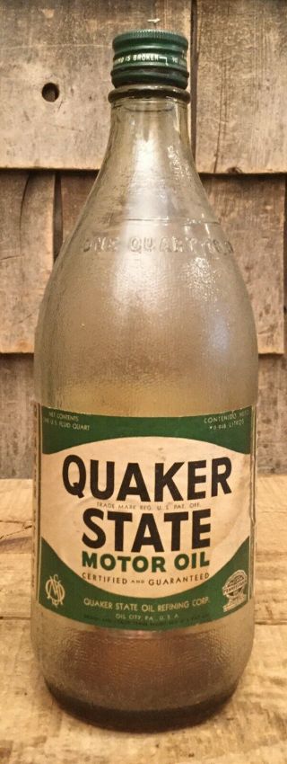 Rare Early Vintage 1 Qt QUAKER STATE Motor Oil Glass Jar Bottle W Paper Label 2