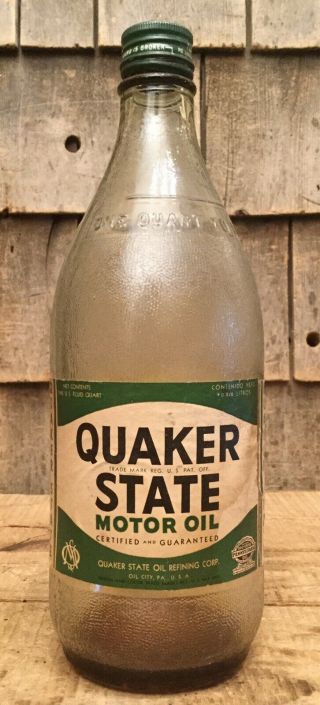 Rare Early Vintage 1 Qt QUAKER STATE Motor Oil Glass Jar Bottle W Paper Label 3