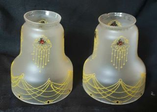 Rare Matched Pair Antique 2 1/4 " Hand Enamel Painted Victorian Light Shades