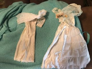 Two Vintage Barbie Doll Off White Dress Wedding Gown With Sheer Overlay And Lace
