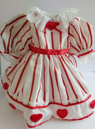 Red And White Stripped Doll Dress With Lace Collar,  Whearts All Along The Bottom