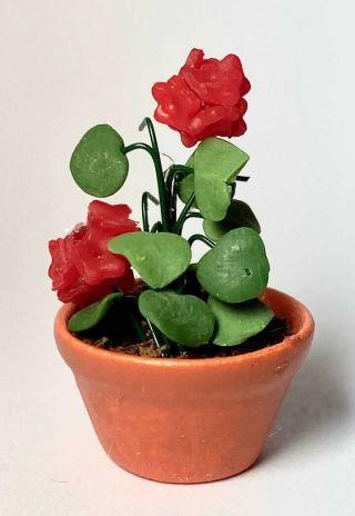 Nos 1:12 Scale Vintage Dollhouse Artisan Clay Plant Potted Red Flowers