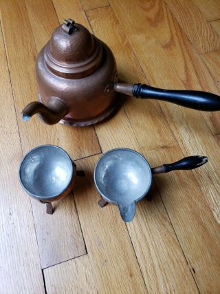 Antique Copper Tea Kettle With Cream And Sugar Bowls