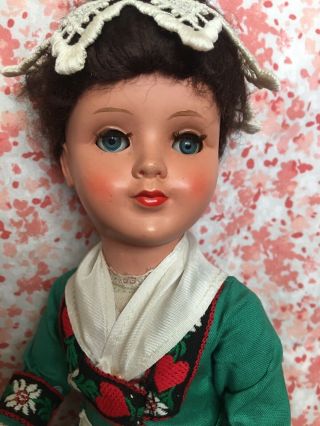 Vintage 50s - 60s Hard Plastic Ethnic European Girl Doll W/foot Stand 12” Tall