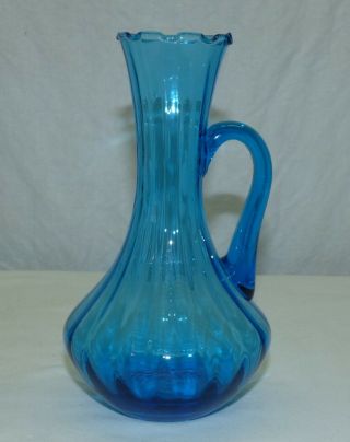 Lovely Vintage Celeste Blue Glass Handled Ribbed 7 3/4 " Vase W/ Ruffled Top