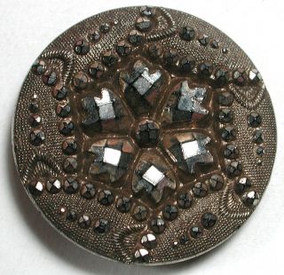 Antique Black Glass Button Pretty Faceted Design With Silver Luster - 1 & 3/16