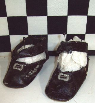 2.  75 " Pair Painted Cloth Doll Shoes With Metal Buckles Missing One Button