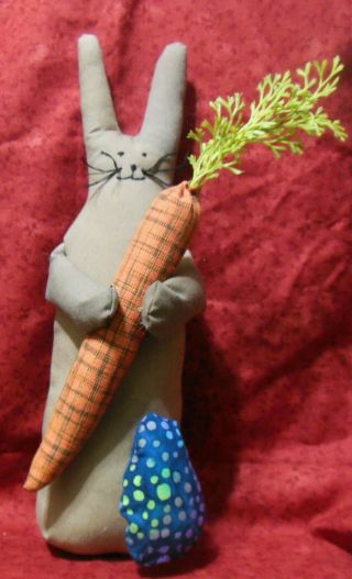 Primitive Easter Bunny Handmade " Urban " With A Spring Carrot And His Easter Egg