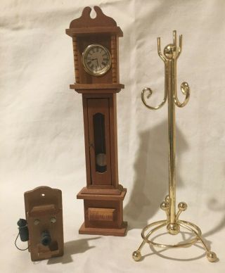 Vintage Dollhouse Miniatures Grandfather Clock,  Old Telephone,  Coat Rack