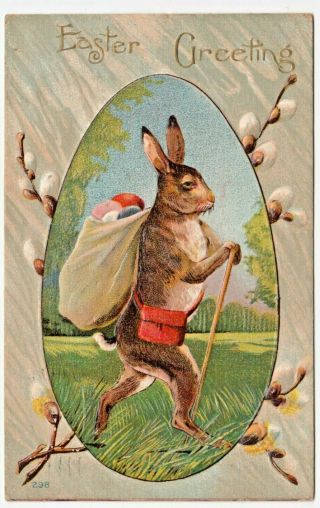 C1910 Antique Easter Postcard Anthropomorphic Humanized Rabbit Hiking W Egg Sack