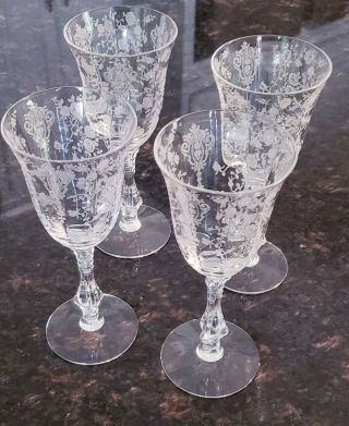 Rare Set Of 4 Cambridge Rose Point Claret Crystal Wine Glasses Etched 6 1/4 "