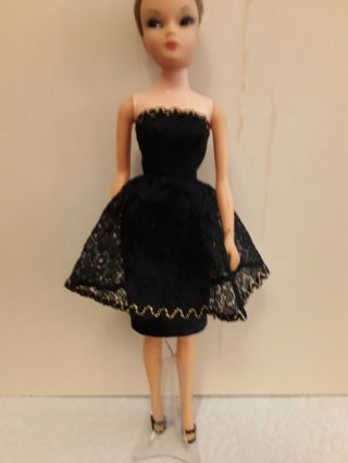 Vintage Barbie Clone Black Lace Cocktail Dress With Gold Trim.