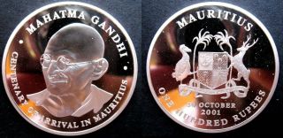 Rare 2001 Mauritius Large 44mm 1,  Oz Silver Proof 100 Rupees - Mahatma Gandhi