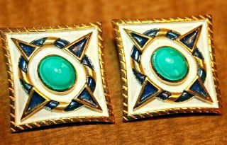 Pristine And Enamel Clip On Earrings Signed Crown Trifari Rare Style