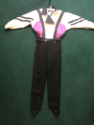 Rare Vintage Retro 80s Women Sz 8 Snowsuit Ski Suit White Black Neon Pink Vtg