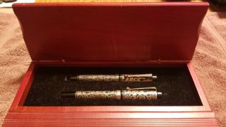 Rare Laban Iridium Nib B Fountain Pen/ballpoint Set Overlay Wood Case E1