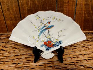 Vintage Jay Japan Fine China Porcelain Fan Floral Birds W/ Gold Trim Plus Stand