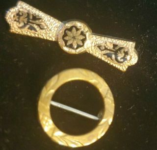 Antique Victorian Bar Pin Gold - Tone Metal Collar Pin 1 - 1/8 " And Round 1/2 "
