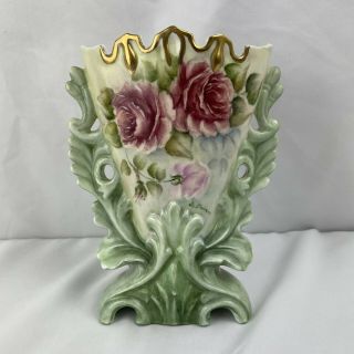 Vintage Victorian Style Latticework Vase Rose Signed I.  Dawson Pink Green