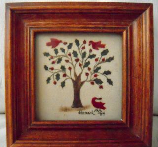 Vintage Mini Framed Theorem Tree Birds Painting By Sandy Honan