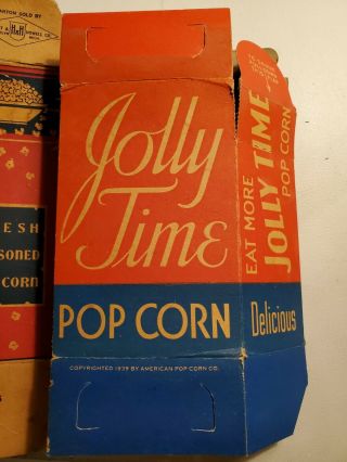 Antique 1939 Jolly Time Popcorn and Tender and Tasty Popped Corn boxes 2