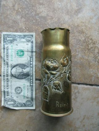 Rare Small Decorated Floral Wwi " Reims " Trench Art Artillery Shell,  Folk Art