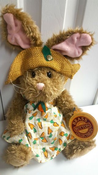 Bunny Rabbit " Flora " Straw Hat & Carrot Dress Plush Brass Button Collectables